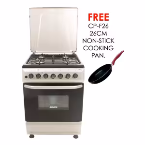 gc-f6640mx(sl) - 4gas, 60x60 electric oven+grill, button ignition , oven lamp, rotiserrie, mechanical timer, metal lid, double glass oven door, 1 grid, 1 tray, 1 extra deep tray, adjustable feet, silver.