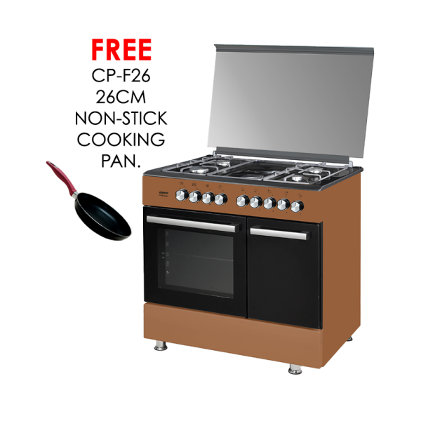 gc-f9642fbt2(tdf) 4gas(1 wok sabaf burner + 1 small + 2 medium sabaf burners) +2 electric(1x145 + 1x180), 60cm x 90cm, rapid hot plate, electric oven, eu standard flame failure device, one touch auto ignition, wide enamelled matt colour pan support.