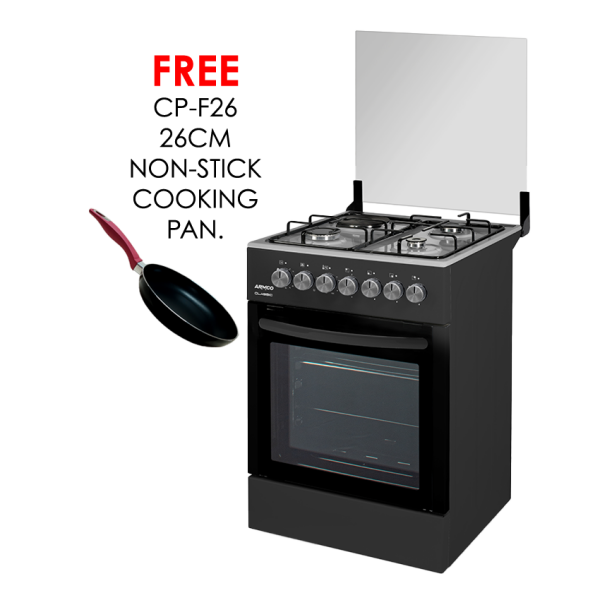 gc-f5831fx(bk) - 3gas+1electric, 58x58 oven+grill, one touch auto iginition, thermostat, lamp, glass lid, rotisserrie, mechanical timer, double glass oven door, 1 grid, 1 tray, 1 round tray, adjustable feet, black with ss top.