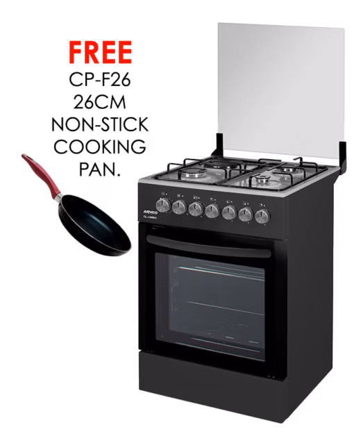 gc-f5831fx(bk) - 3gas+1electric, 58x58 oven+grill, one touch auto iginition, thermostat, lamp, glass lid, rotisserrie, mechanical timer, double glass oven door, 1 grid, 1 tray, 1 round tray, adjustable feet, black with ss top.