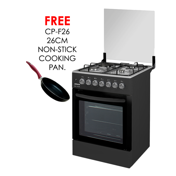 gc-f5831px(bk) - 3gas+1electric, 58x58 oven+grill, button iginition, thermostat, lamp, glass lid, mechanical timer, double glass oven door, 1 grid, 1 tray, 1 round tray, adjustable feet, black with ss top.