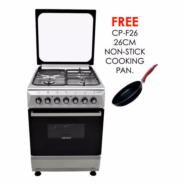 gc-f6631jx(sl) - 3 multi-gas burners + 1electric (180mm-2000w rapid plate), 60x60 oven+grill, flame failure device, one touch auto ignition, rotisserie, mechanical timer, 304s (non magnetic )top table stainless steel, silver.