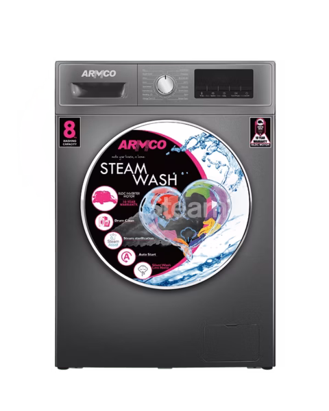 8KG, 55LT, 1400 RPM, FRONT LOADING, BLDC INVERTER MOTOR, 15 PROGRAMS, TOUCH PANEL, DIGITAL DISPLAY, STEAM WASH, DARK GRAY BODY COLOR, PC COVER DOOR GLASS, CHROME KNOB MATERIAL, STAINLESS STEEL DRUM