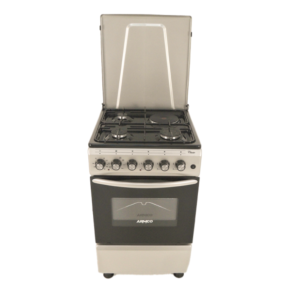3Gas + 1 Electric Gas Cooker (RAPID), Static Electric Oven/Grill 50X55, Button ignition, Thermostat, Lamp, Metal Lid, Rotisserrie, Mechanical Timer, Double glass Oven Door, 1 grid, 1 Tray, Adjustable Feet SILVER