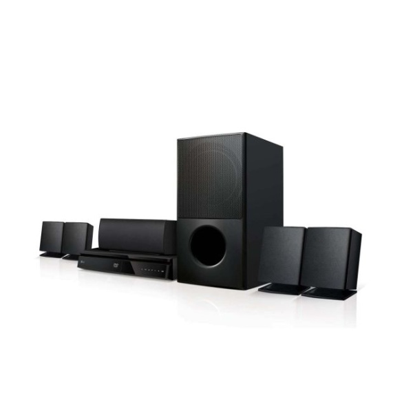 LG Home Theater | 1000W 5.1ch DVD Home Theatre System with HDMI, USB, Bluetooth, FM radio, 1080p upscaling, optical input, subwoofer, and surround speakers.