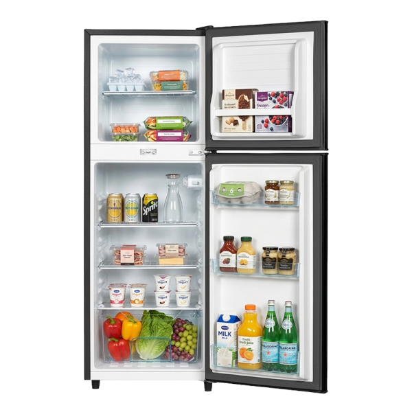 arf-d178g(ds) - refrigerator, 118l, 2door, cool pack, interior lamp, 2 strengthened wire shelves, crystal vegetable crisper, toughened freezer shelves, egg tray, lock and key, external handle, external condenser, dark silver.