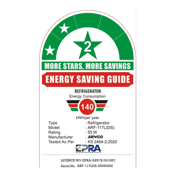 ARF-117L(DS) EPRA Energy Star Rating Sticker