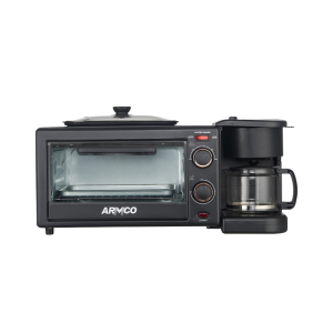AEC-BM01TGC - 3-in-1 Breakfast maker, 4.5L Electric Oven, 600ml Coffee Pot, 60 min Timer, 100°C - 250°C Temp Control, Non Stick Frying Pan, Roasting Rack, Baking Tray, Glass Cover, Kettle, 1090W.