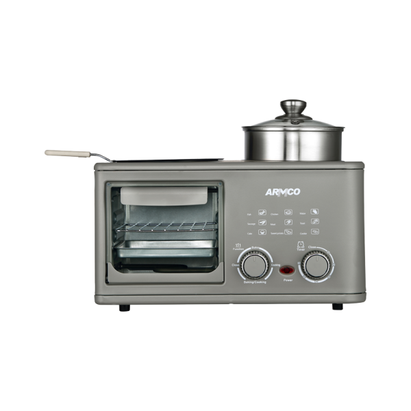 AEC-BM02TGPS - 4-in-1 Breakfast maker, 10L Electric Oven, 1L Stainless Cooking Pan with Steamer, 60 min Timer, 100°C - 210°C Temp Control, Non Stick Frying Pan, Roasting Rack, Baking Tray, Glass Cover, Kettle, 1090W.