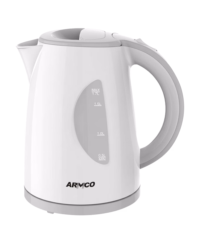 AKT-173LED – 1.7L Plastic Cordless Kettle, Dual External water level indicator, filter, overheat protection, indicator pilot light, 2200W, Matte White.