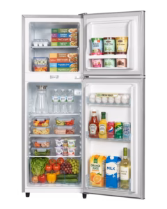 arf-d188g(sl) - refrigerator, 128l, 2door, cool pack, interior lamp, 2 strengthened wire shelves, crystal vegetable crisper, toughened freezer shelves, egg tray, external handle, external condenser, lock and key, silver.