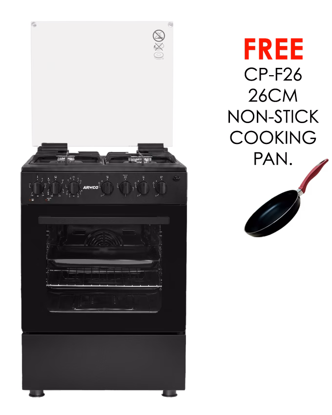 GC-F6631QX2(BK) – 3 Multi-gas Burners + 1Electric (180mm-2000W RAPID Plate), 60X60 Oven+Grill, One Touch Auto ignition, Thermostat, Lamp, TEMPERED GLASS Lid, Rotisserie, Mechanical Timer, 1 Extra Round tray, Matt enamel pan supports and caps, Black.