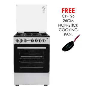 GC-F6631QX2(SL) - 3 Multi-gas Burners + 1Electric (180mm-2000W RAPID Plate), 60X60 Oven+Grill, One Touch Auto ignition, Thermostat, Lamp, TEMPERED GLASS Lid, Rotisserie, Mechanical Timer, 1 Extra Round tray, Matt enamel pan supports and caps, Silver.