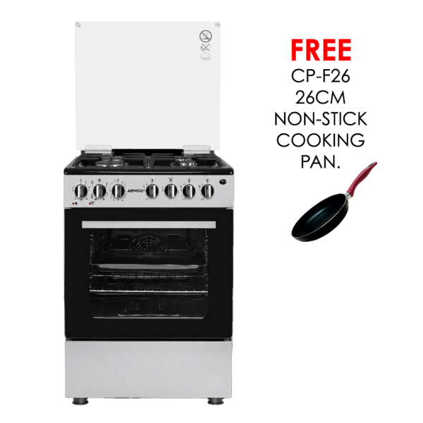 GC-F6631QX2(SL) - 3 Multi-gas Burners + 1Electric (180mm-2000W RAPID Plate), 60X60 Oven+Grill, One Touch Auto ignition, Thermostat, Lamp, TEMPERED GLASS Lid, Rotisserie, Mechanical Timer, 1 Extra Round tray, Matt enamel pan supports and caps, Silver.