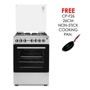 GC-F6631QX2(SS) - 3 Multi-gas Burners + 1Electric (180mm-2000W RAPID Plate), 60X60 Oven+Grill, One Touch Auto ignition, Thermostat, Lamp, TEMPERED GLASS Lid, Rotisserie, Mechanical Timer, 1 Extra Round tray, Matt enamel pan supports and caps, 304SS.