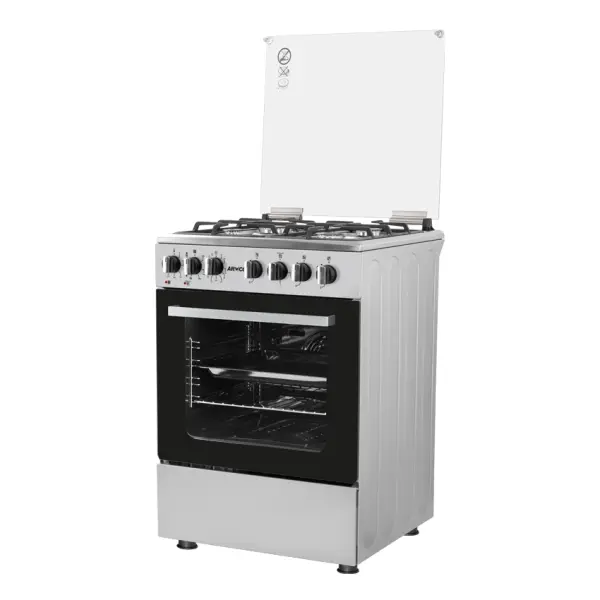 GC-F6631QX2(SS) - 3 Multi-gas Burners + 1Electric (180mm-2000W RAPID Plate), 60X60 Oven+Grill, One Touch Auto ignition, Thermostat, Lamp, TEMPERED GLASS Lid, Rotisserie, Mechanical Timer, 1 Extra Round tray, Matt enamel pan supports and caps, 304SS.