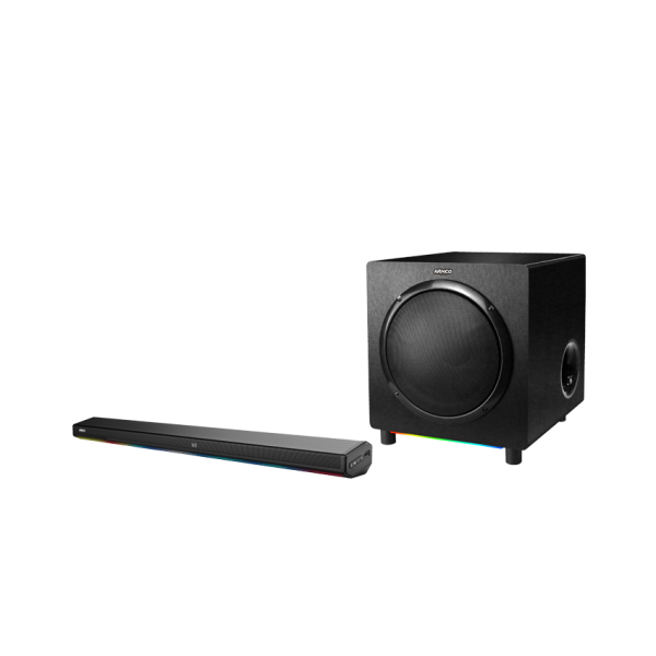 Armco AHT-SB10420WX 3.1CH sound bar with wireless 10-inch subwoofer and Bluetooth connectivity.