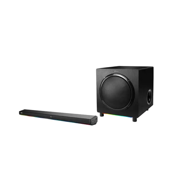 Armco AHT-SB10420WX 3.1CH sound bar with wireless 10-inch subwoofer and Bluetooth connectivity.
