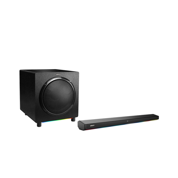 Armco AHT-SB10420WX 3.1CH sound bar with wireless 10-inch subwoofer and Bluetooth connectivity.