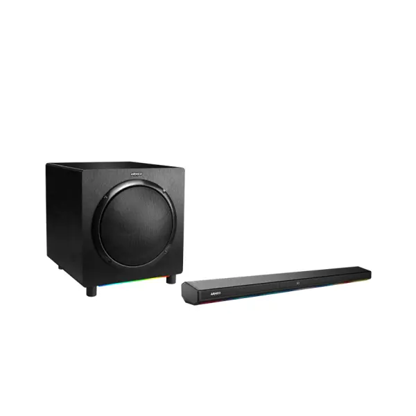 Armco AHT-SB10420WX 3.1CH sound bar with wireless 10-inch subwoofer and Bluetooth connectivity.